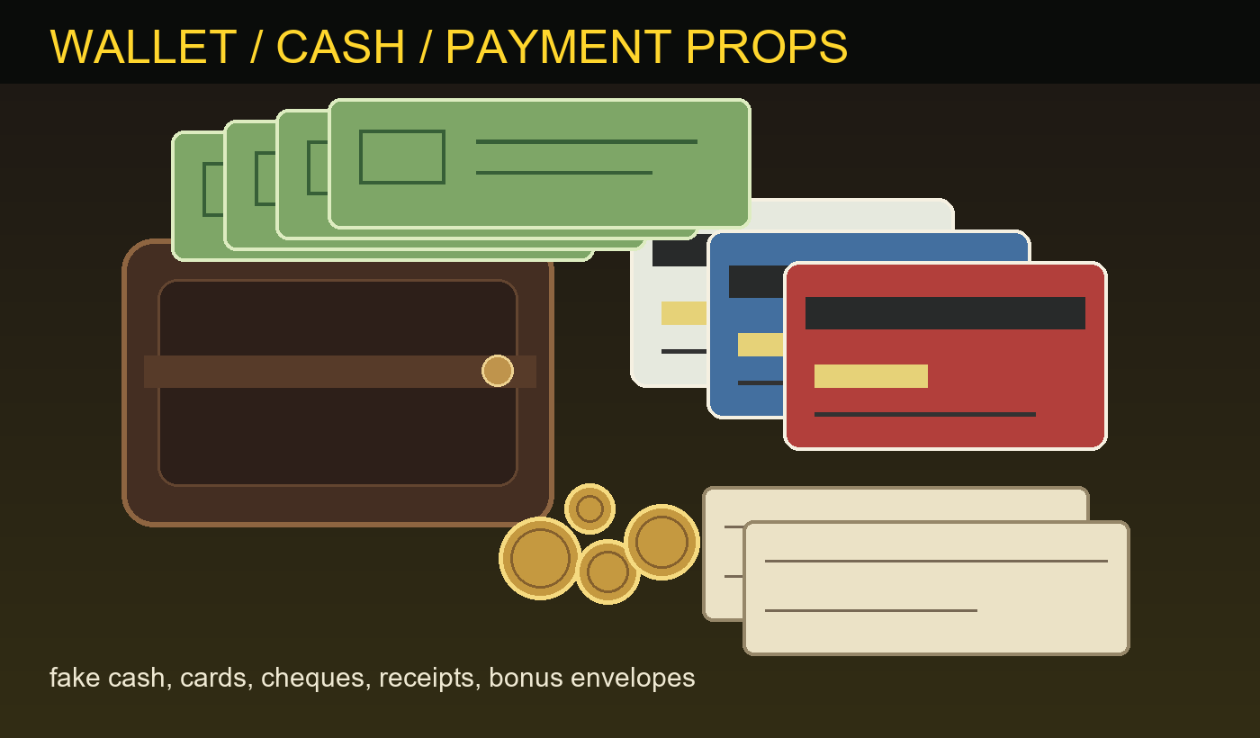Wallet / cash / payment props visual reference